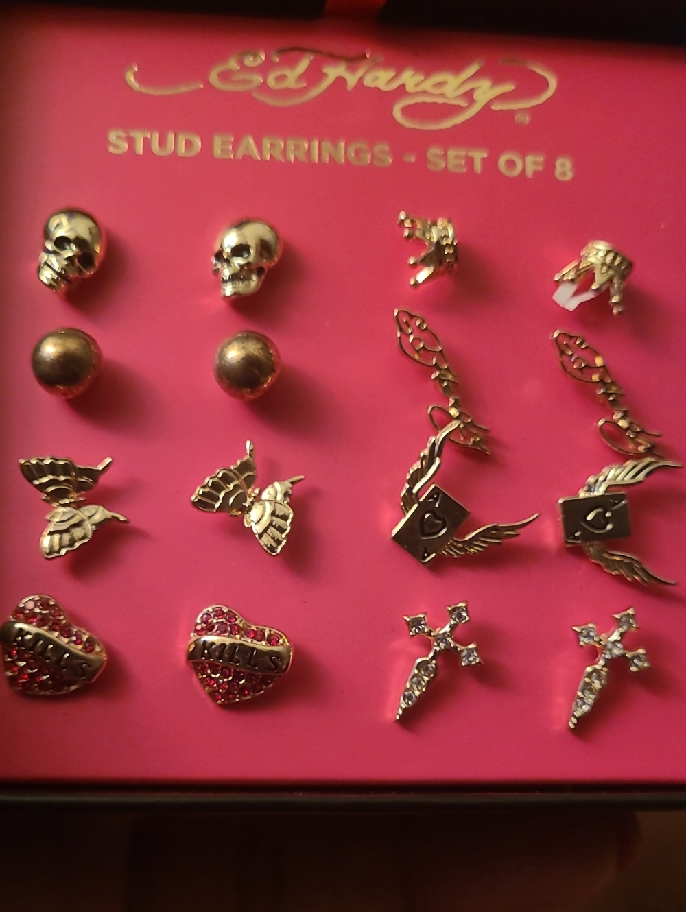 Ed Hardy Gold & Red Stud Earring Set - 8 Pairs